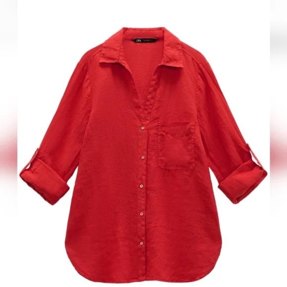 Zara 100% Linen V-Neck Button-up Pockets Long Convertible Sleeve Shirt Size M - Picture 1 of 11